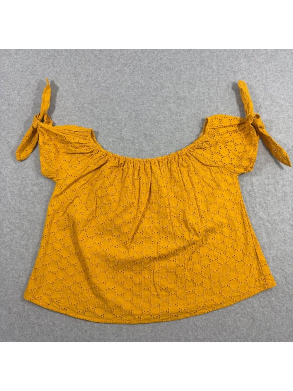 Women's Size L Mustard Yellow Eyelet Off Shoulder Tie Cotton Top